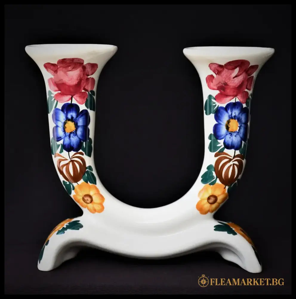 Двоен винтидж свещник - ръчно рисуван - antique