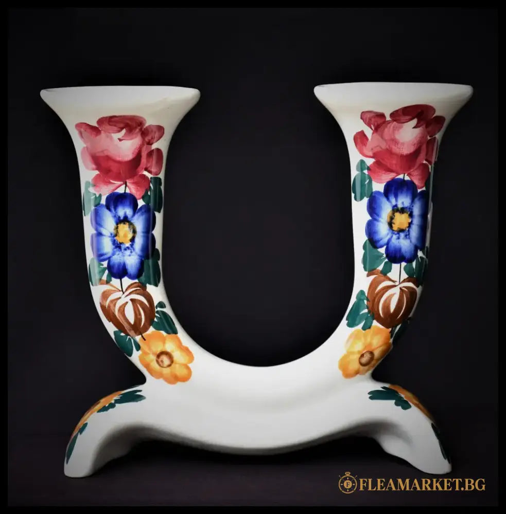Двоен винтидж свещник - ръчно рисуван - antique
