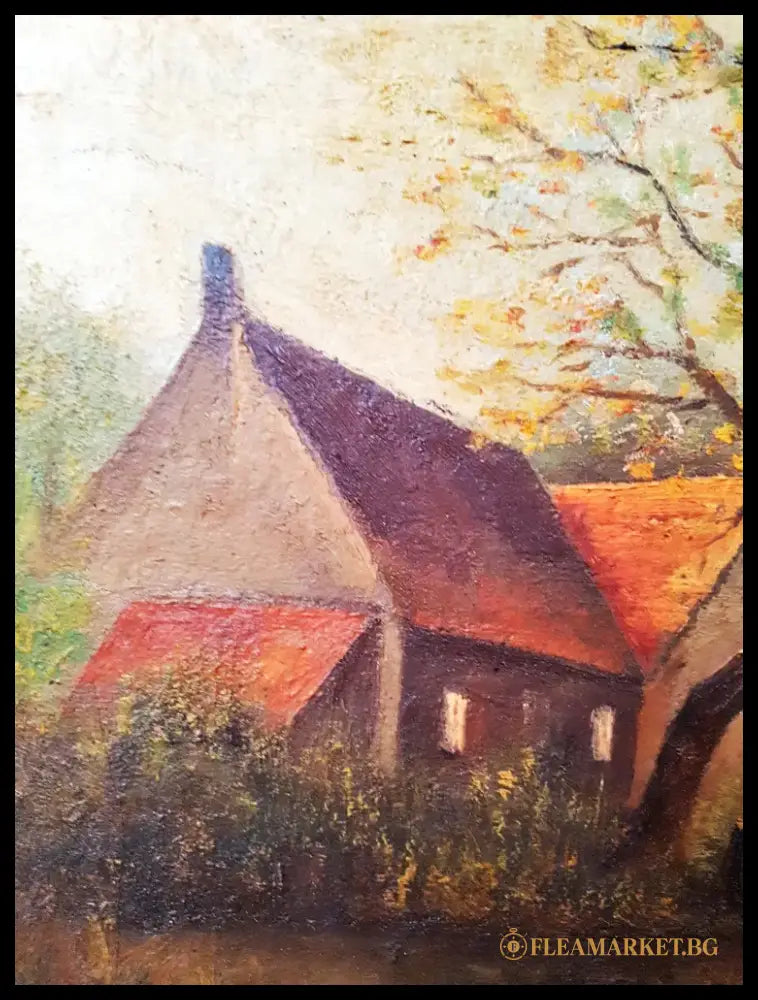 Есенен пейзаж с къщи и езеро- масло от неизвестен автор (1118) - Картина