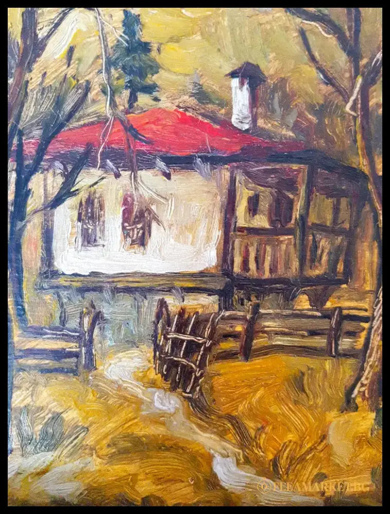 Есенен пейзаж със стари къщи, масло от неизвестен автор (1072) - Картина
