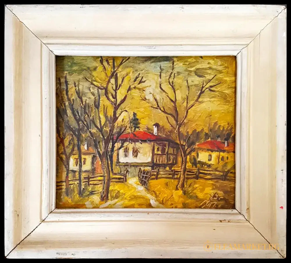 Есенен пейзаж със стари къщи, масло от неизвестен автор (1072) - Картина