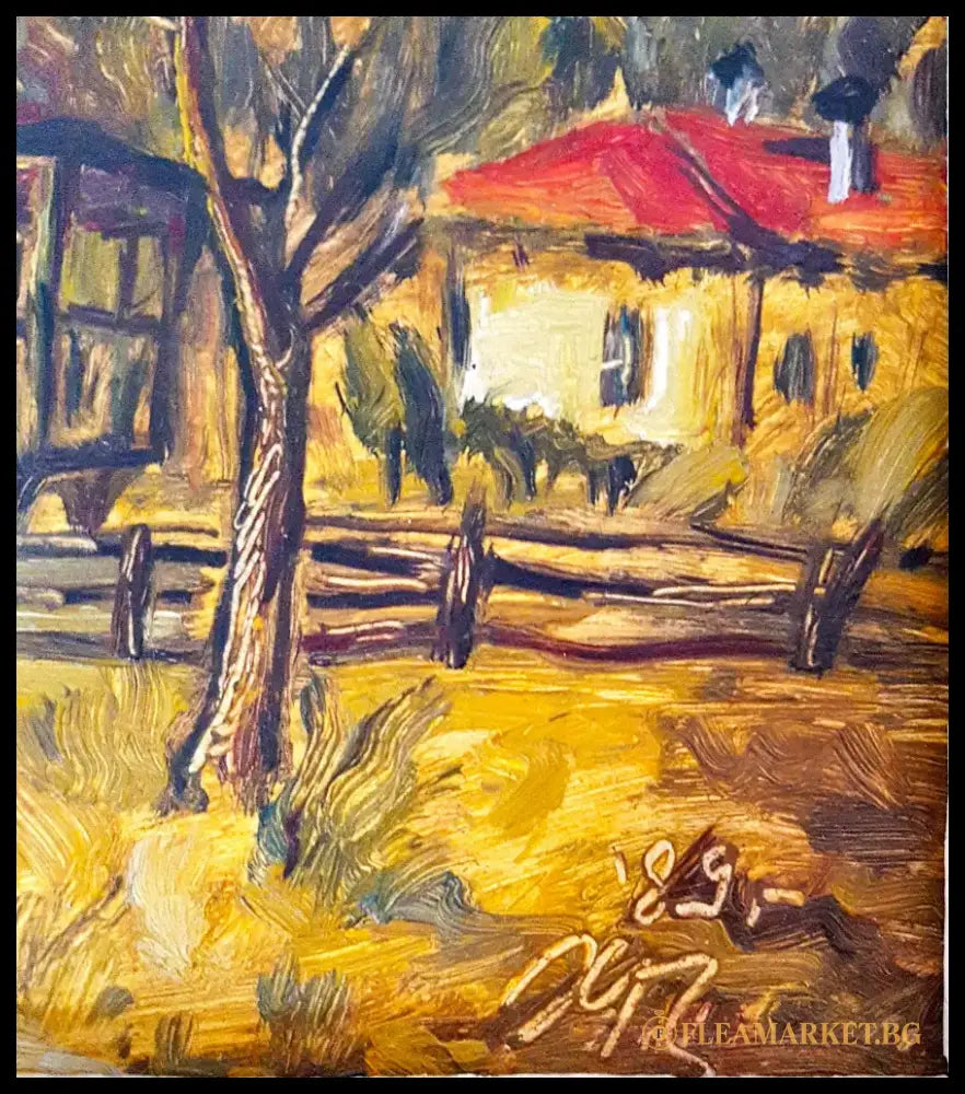 Есенен пейзаж със стари къщи, масло от неизвестен автор (1072) - Картина