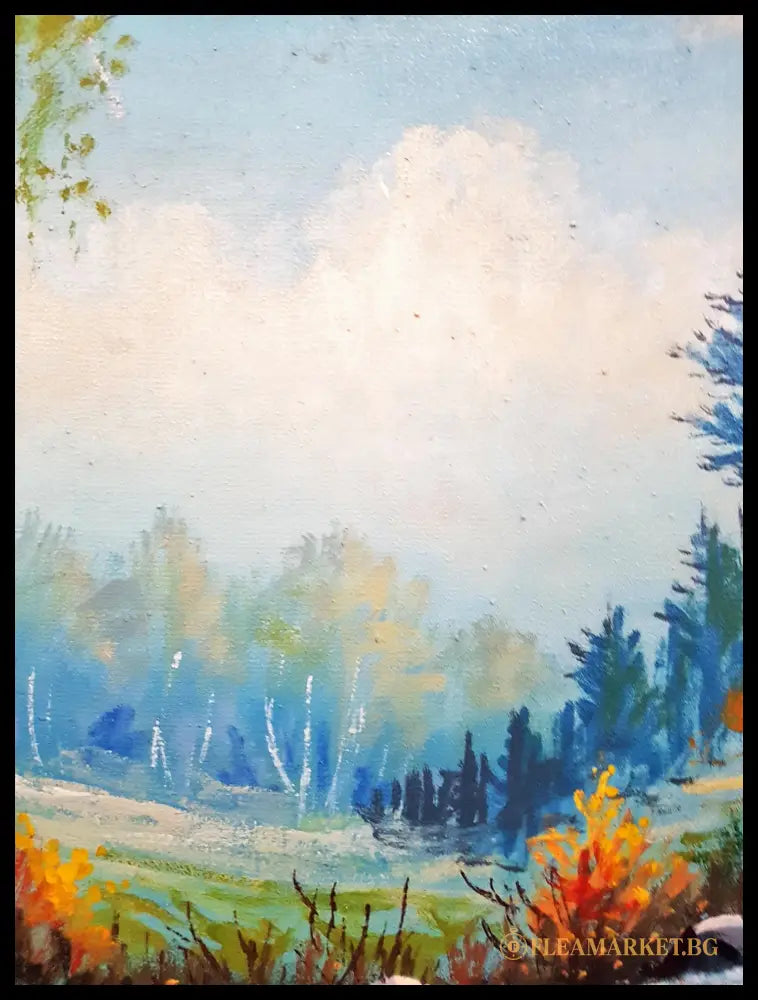 Горски пейзаж с река и пътека- масло (872805262217) - Нечетим подпис - Картина