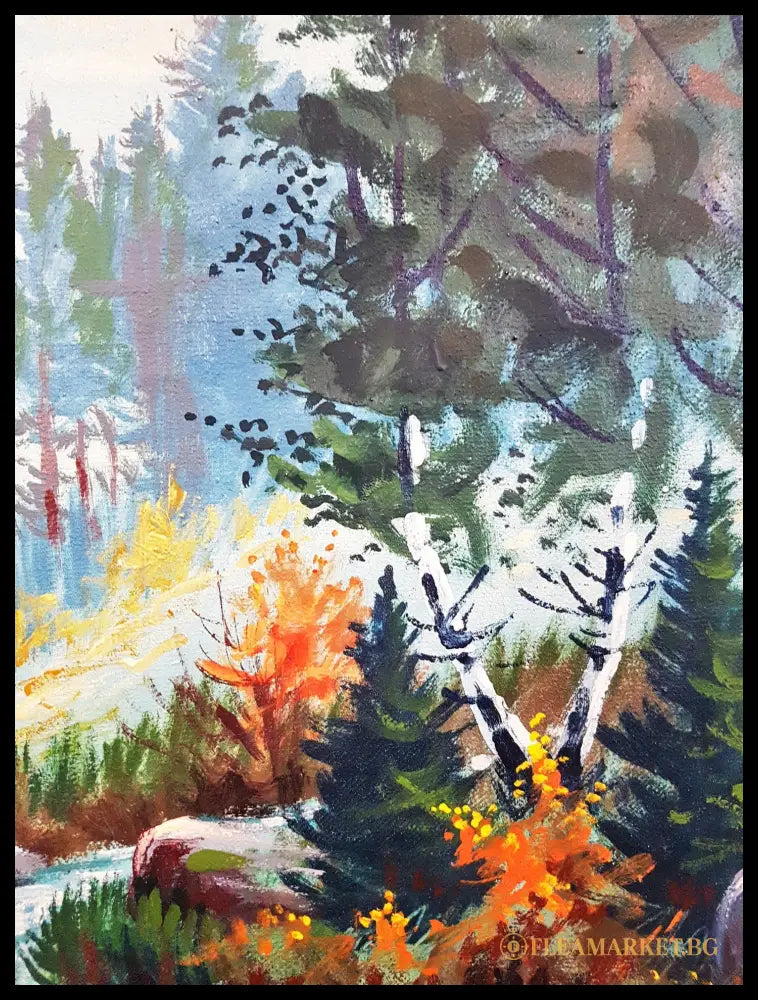 Горски пейзаж с река и пътека- масло (872805262217) - Нечетим подпис - Картина