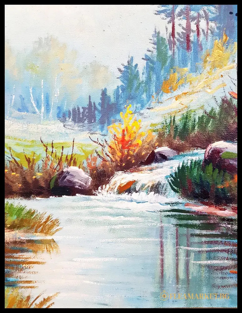 Горски пейзаж с река и пътека- масло (872805262217) - Нечетим подпис - Картина