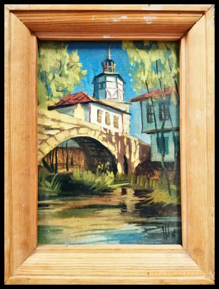 Картина върху фазер с рамка масло - Часовникова кула Трявна - antique