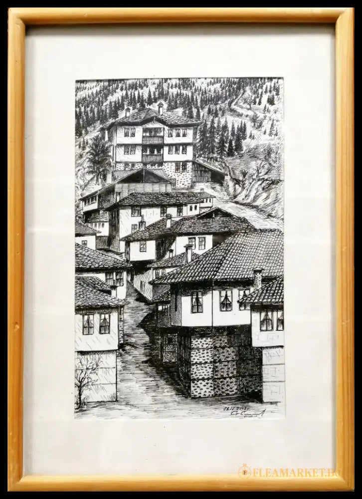 Картина върху картон с рамка графика ’ Широка лъка’ 2003г - antique