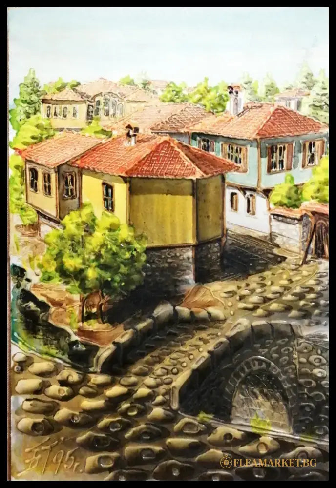 Картина върху картон смесена техника Коприщивца Б. Михайлов - antique
