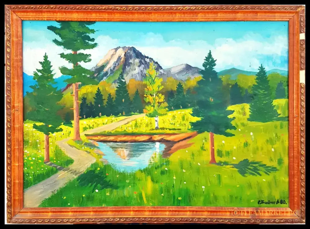 Летен планински пейзаж с езеро- масло от С. Бойчев- 1980 година (1112) - Картина