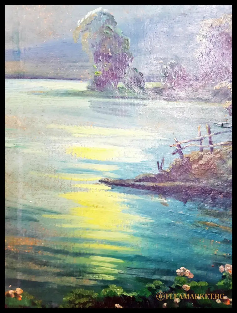 Лунен пейзаж с колиба и езеро - масло (872905261153) - Е. Рукова (подписана долу вдясно) - Картина