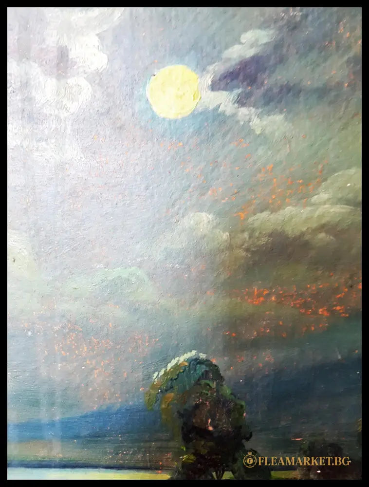 Лунен пейзаж с колиба и езеро - масло (872905261153) - Е. Рукова (подписана долу вдясно) - Картина