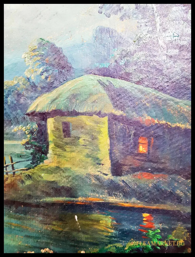 Лунен пейзаж с колиба и езеро - масло (872905261153) - Е. Рукова (подписана долу вдясно) - Картина