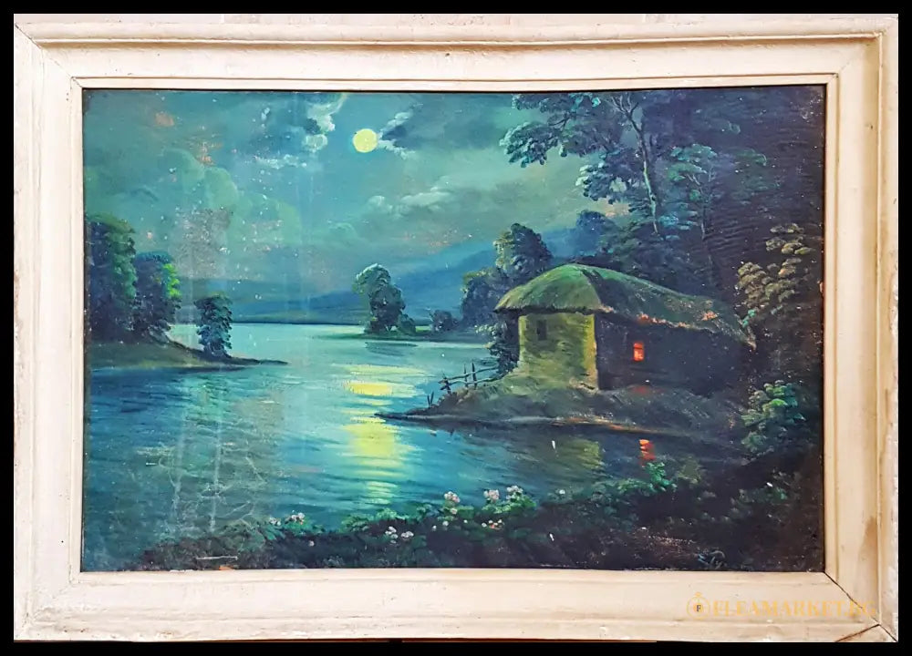 Лунен пейзаж с колиба и езеро - масло (872905261153) - Е. Рукова (подписана долу вдясно) - Картина