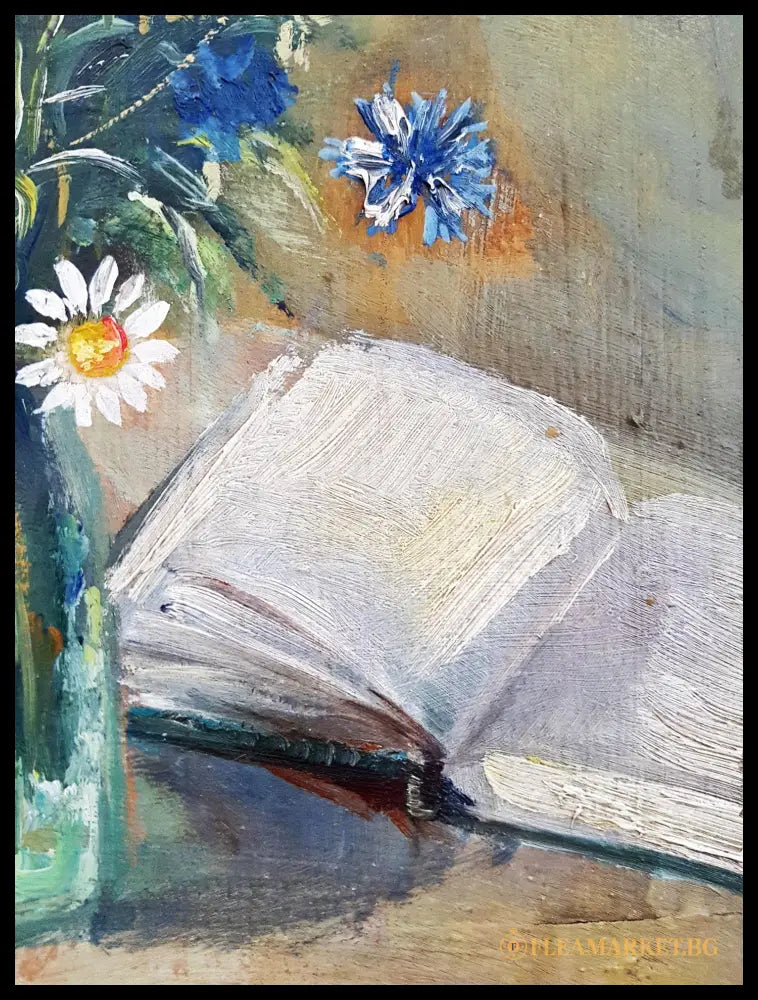 Натюрморт с цветя и книга- масло (872805262037) - Картина