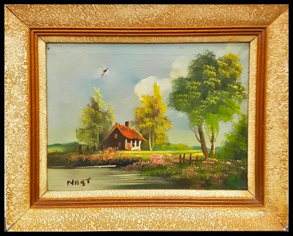 Пасторален пейзаж с къща и езеро- масло от Neij T. (1089) - Картина