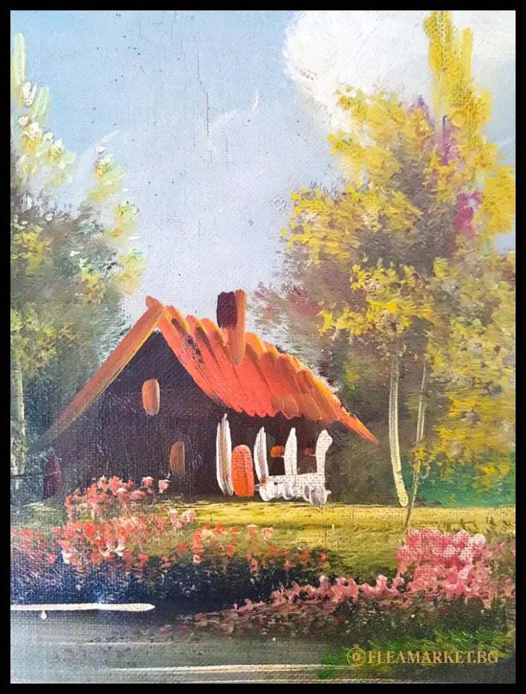 Пасторален пейзаж с къща и езеро- масло от Neij T. (1089) - Картина