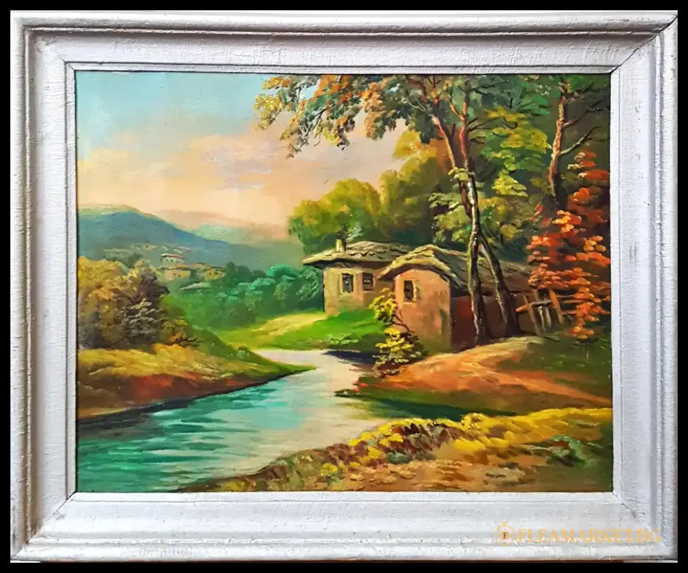 Пасторален пейзаж с къщи, масло от неизвестен автор (1184) - Картина
