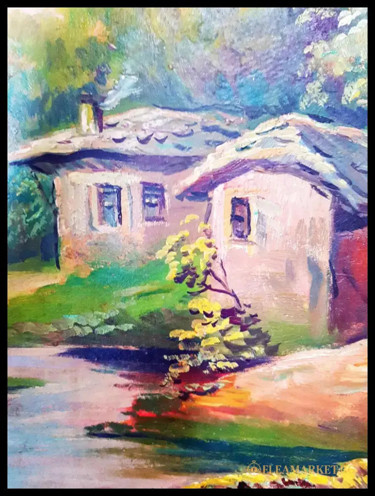 Пасторален пейзаж с къщи, масло от неизвестен автор (1184) - Картина