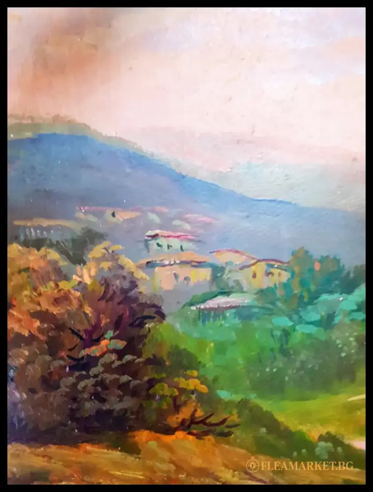 Пасторален пейзаж с къщи, масло от неизвестен автор (1184) - Картина