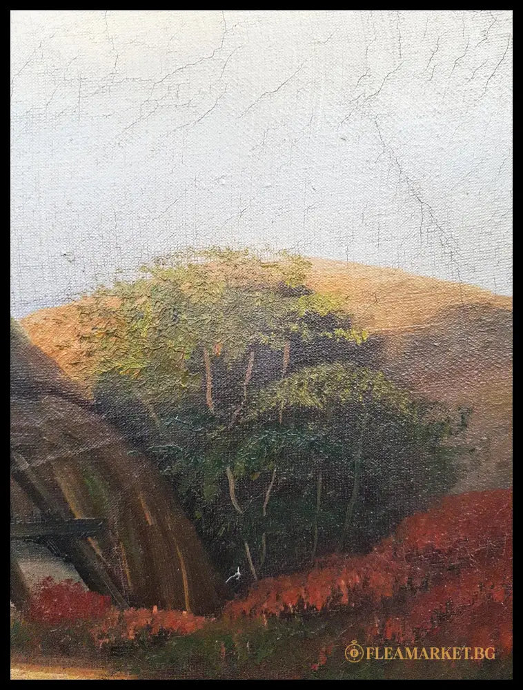 Пасторален пейзаж с колиба- масло (872805262053) - Нечетим подпис - Картина