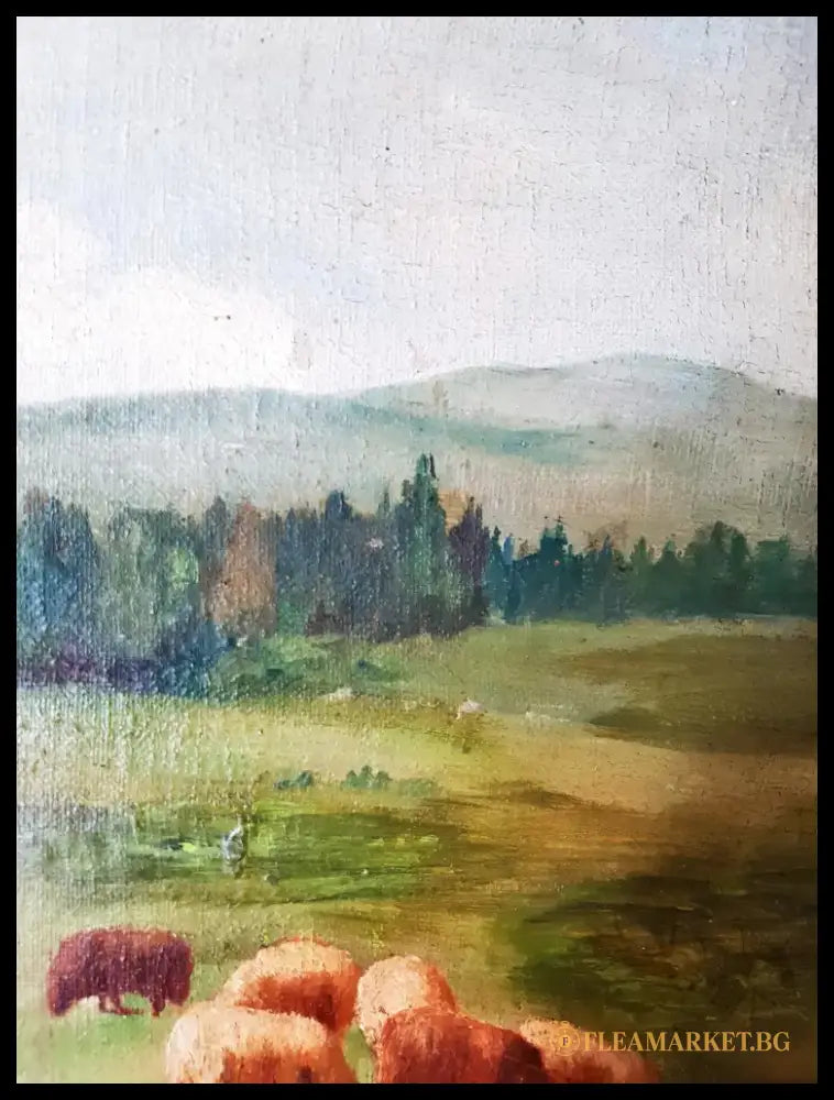 Пасторален пейзаж с овчарче- масло от Белчева (1167) - Картина