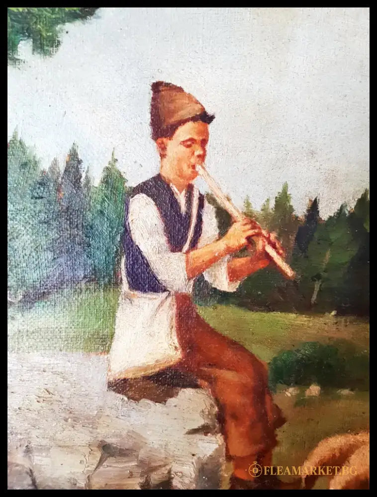 Пасторален пейзаж с овчарче- масло от Белчева (1167) - Картина