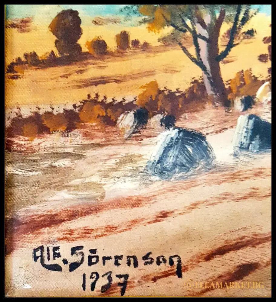 Пасторален селски пейзаж с кокошки- масло от Alf. Sorenson (1091) - Картина