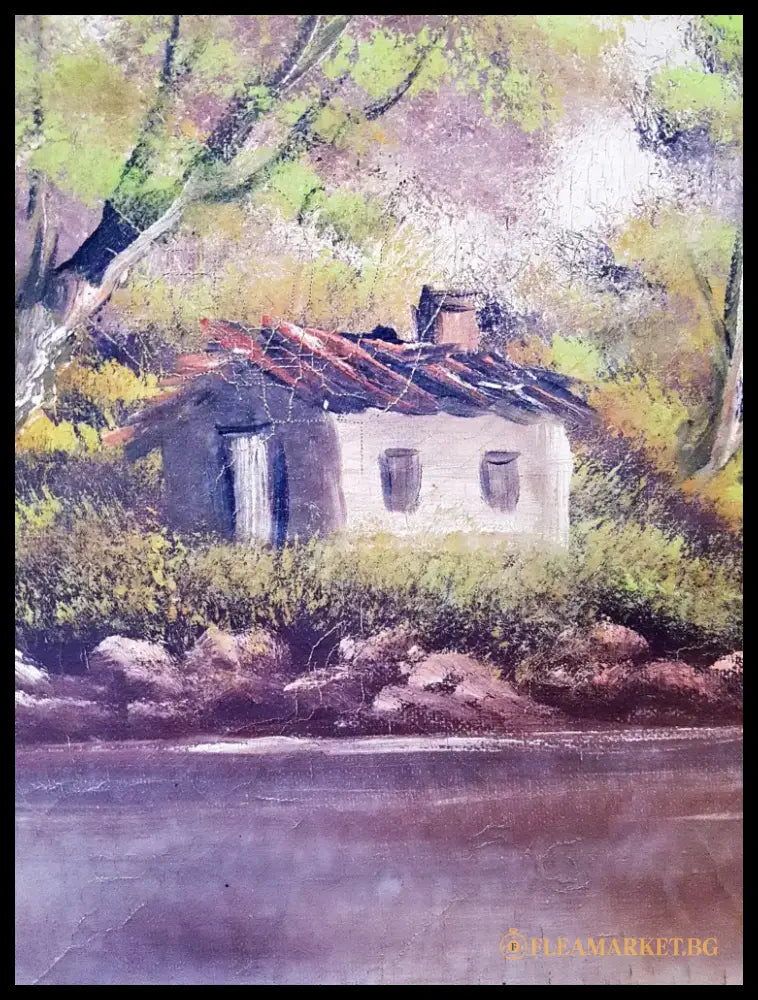 Пейзаж с езеро и лодка- масло от неизвестен автор (1216) - Картина