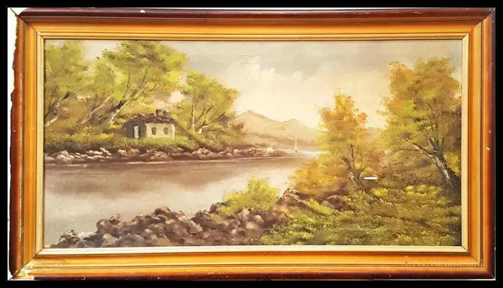 Пейзаж с езеро и лодка- масло от неизвестен автор (1216) - Картина