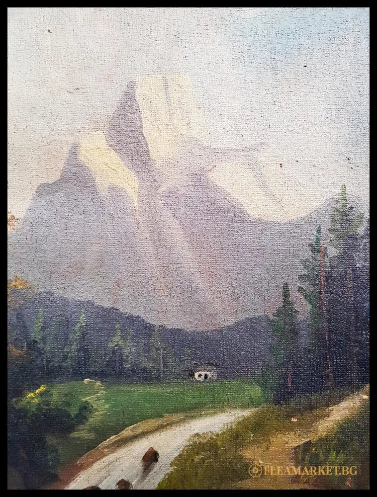 Пейзаж с къщи и планина - масло (872905261146) - Картина