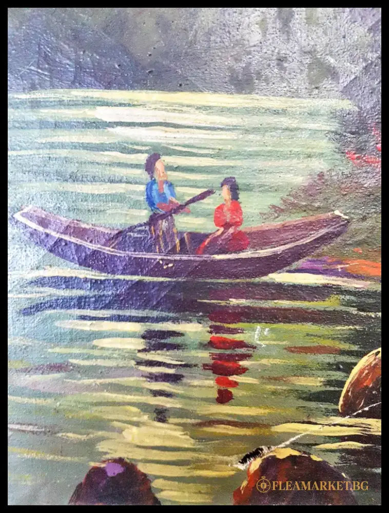 Романтичен вечерен пейзаж с влюбени в лодка- масло (1223) - Картина