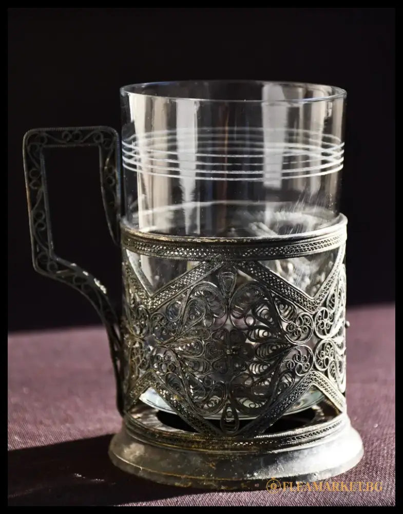 Съветски посребрен филигранен подстаканник с оригинална чаша - antique