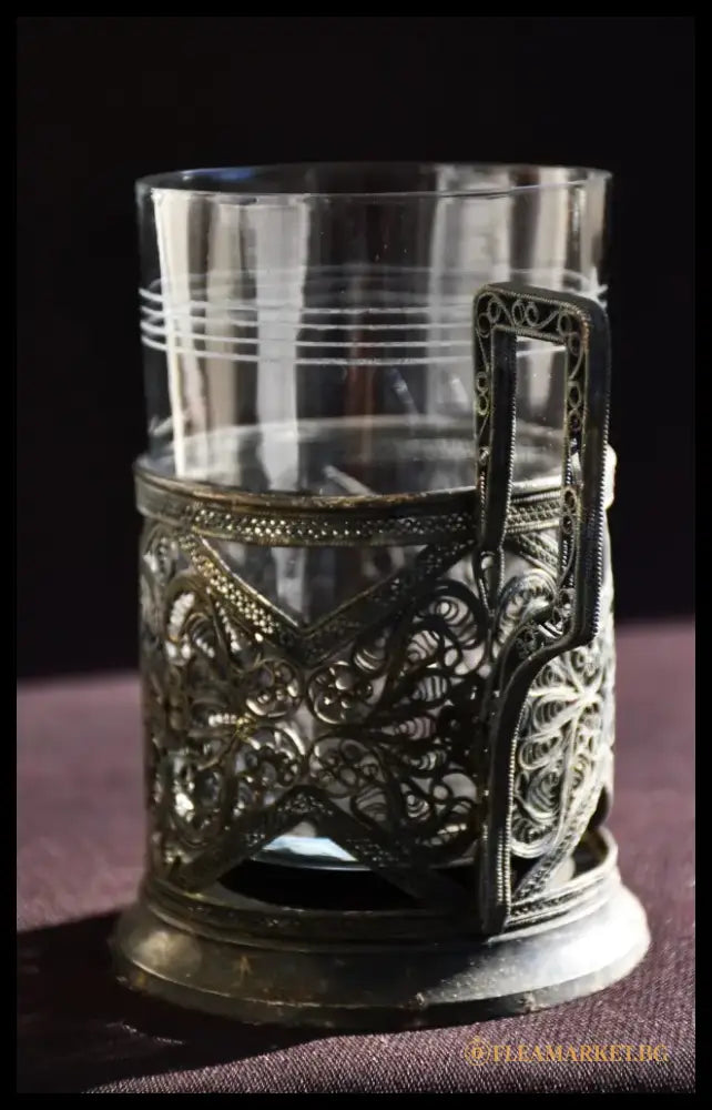 Съветски посребрен филигранен подстаканник с оригинална чаша - antique