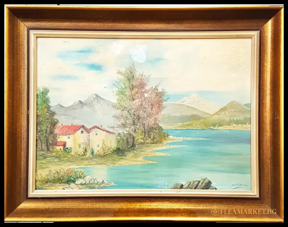 Селски пейзаж с езеро и планини, масло от неизвестен автор (1203) - Картина