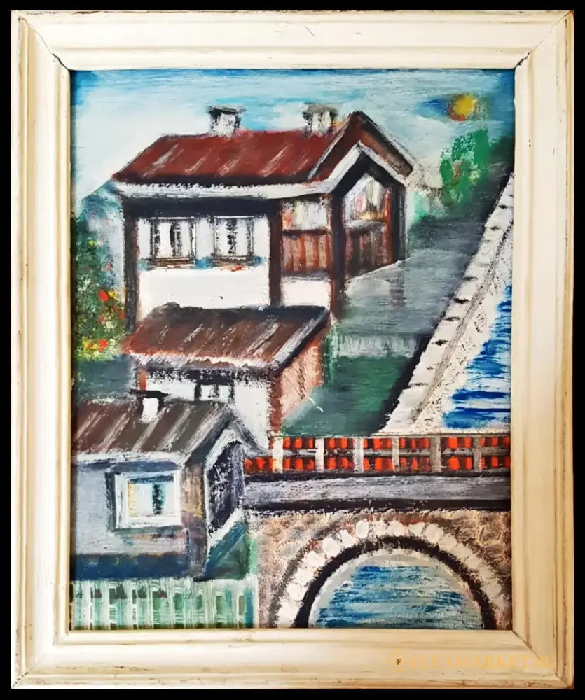 Селски пейзаж с мост- масло- 1990 година (1232) - Картина