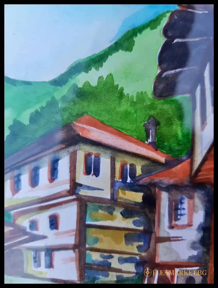 Стари къщи оранжево паспарту - Картина