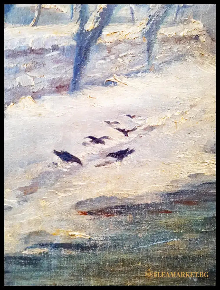 Зимен пейзаж с къща и птици, масло от неизвестен автор (1076) - Картина