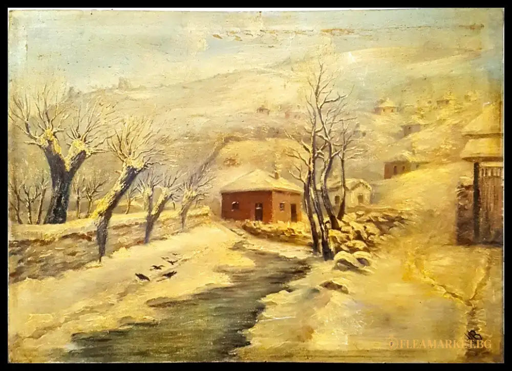 Зимен пейзаж с къща и птици, масло от неизвестен автор (1076) - Картина