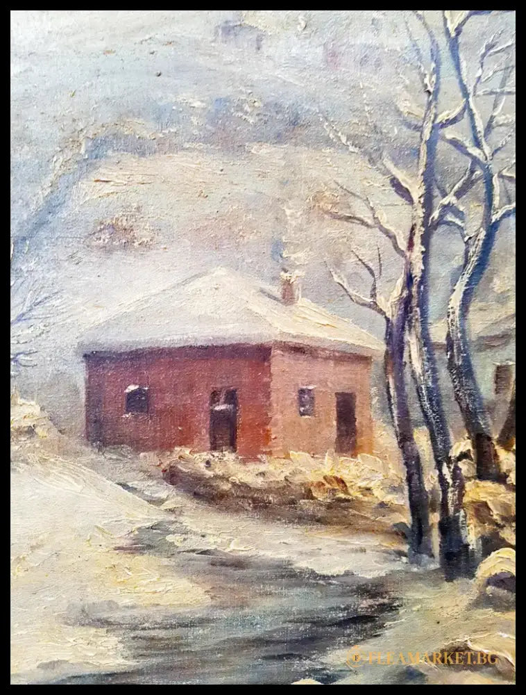 Зимен пейзаж с къща и птици, масло от неизвестен автор (1076) - Картина