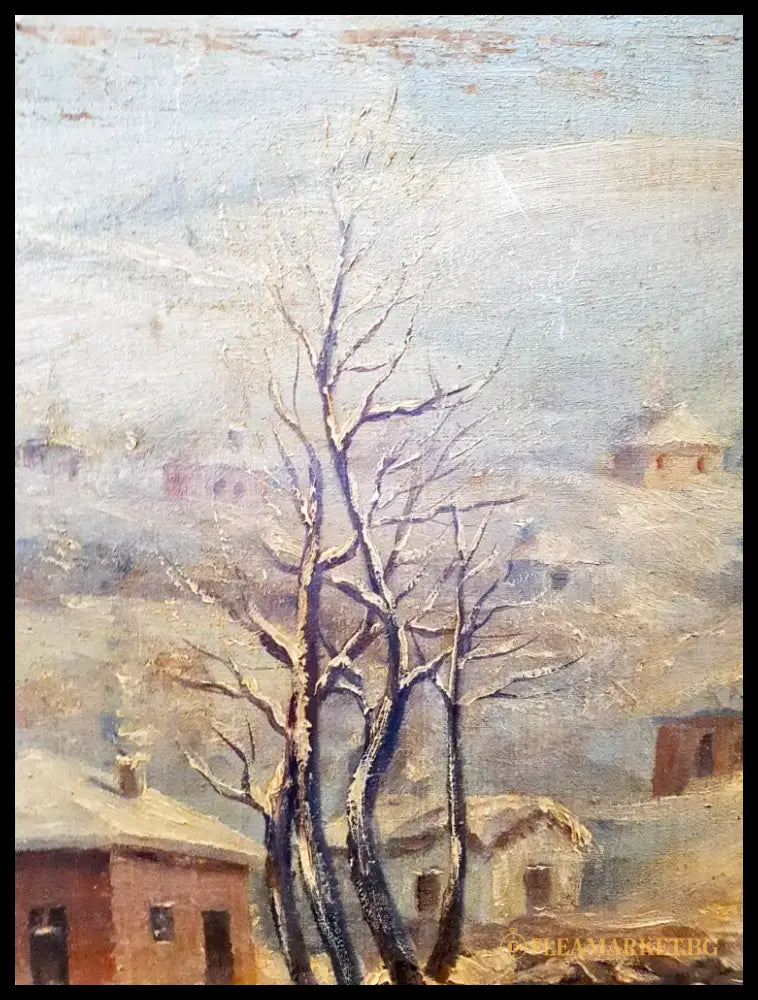 Зимен пейзаж с къща и птици, масло от неизвестен автор (1076) - Картина