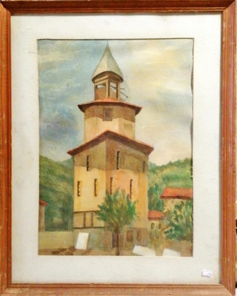 Картина върху картон с рамка, акварел. Дряново "Стария часовник"