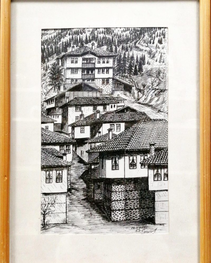 Картина върху картон с рамка, графика " Широка лъка" 2003г